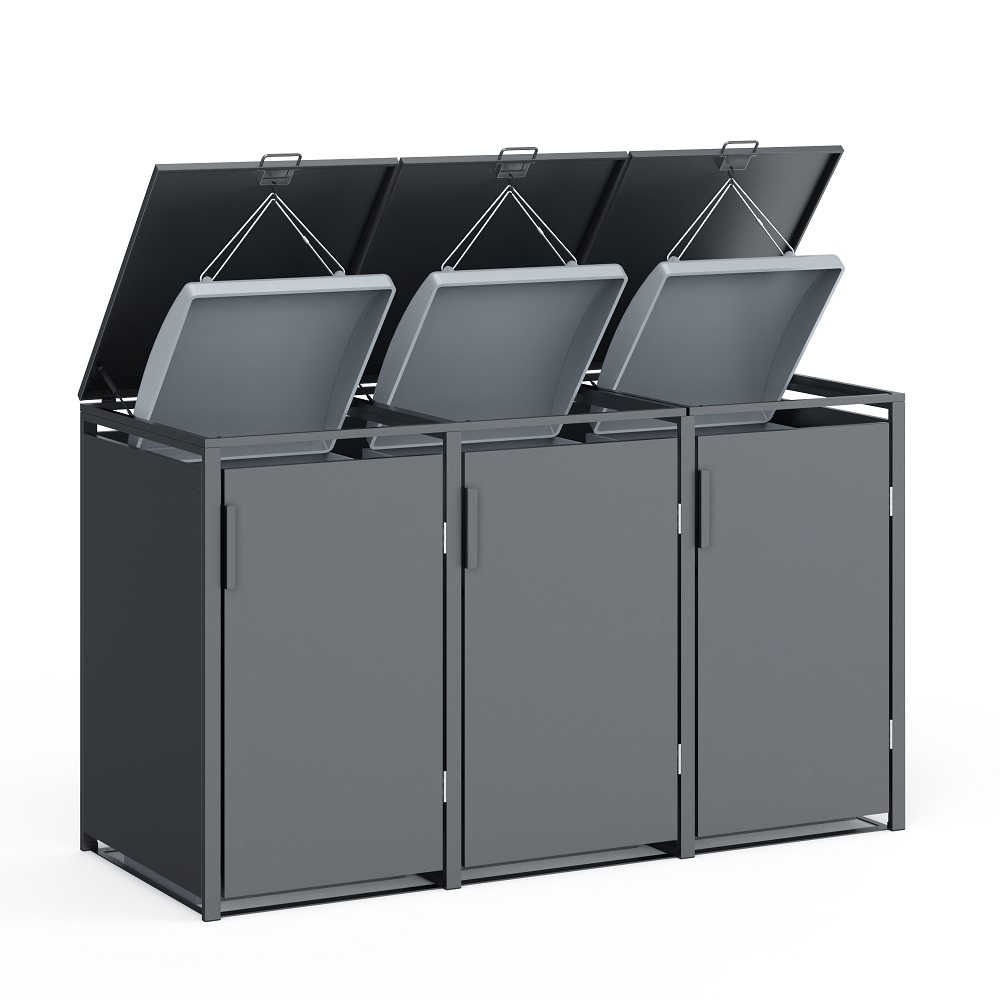 Die Abb. zeigt die 3er Valto Mülltonnenbox (Deckel geöffnet, Mülltonnen nicht im Lieferumfang).