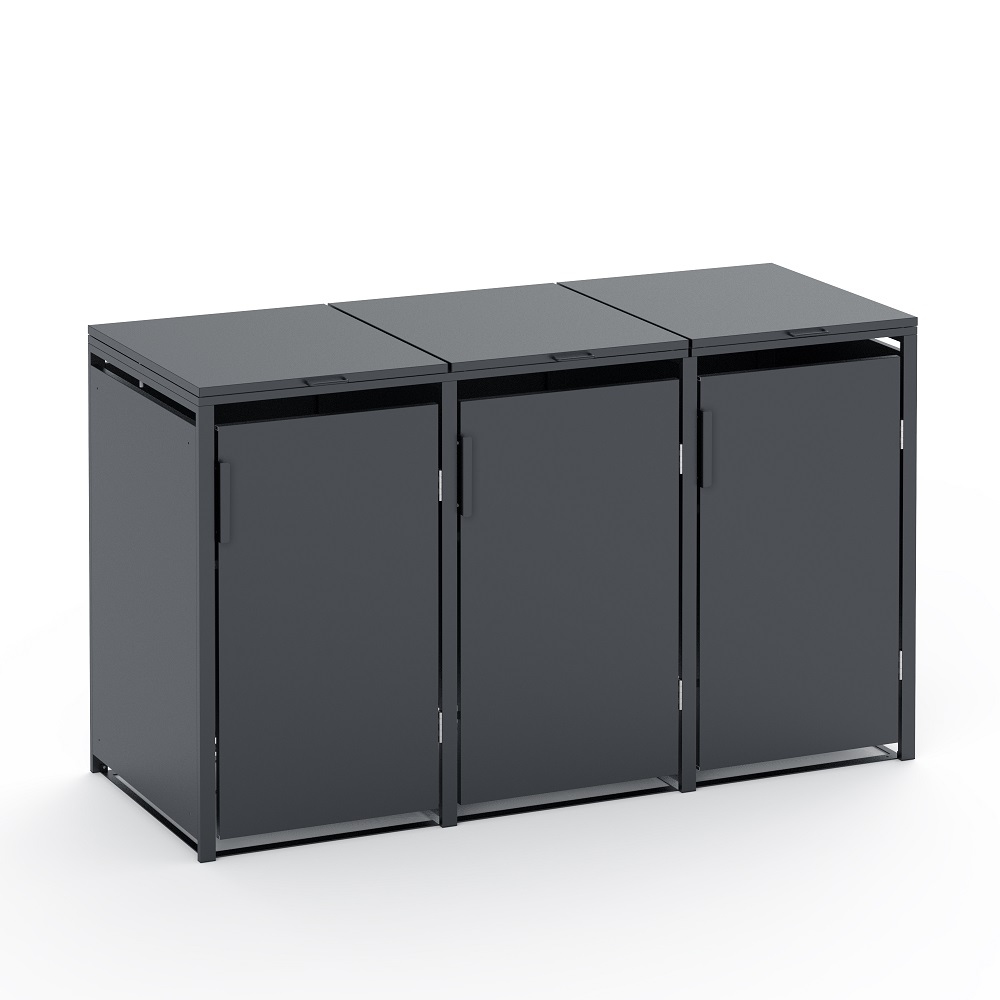 Die Abb. zeigt die 3er Valto Mülltonnenbox mit Türgriff (seitlich, oben).