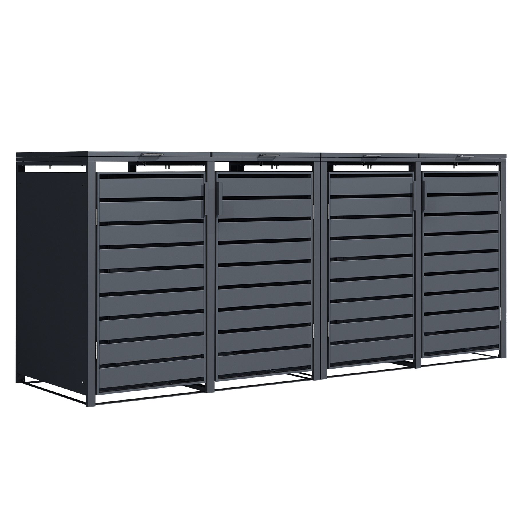 Die Abb. zeigt die Mülltonnenbox Valto mit Lamellendesign 2x 2er Module mit Klappdach und Doppelpfosten.