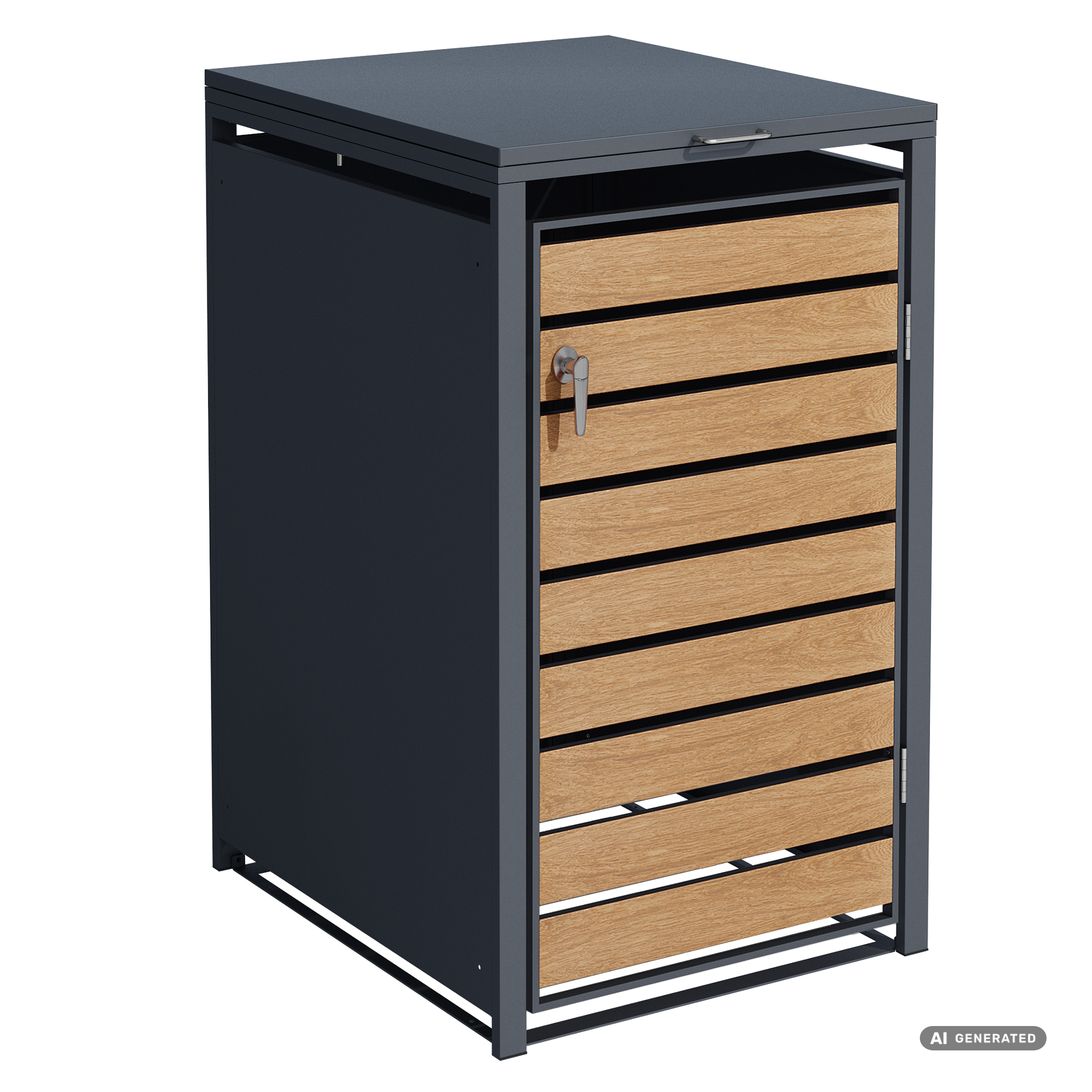 Die Abb. zeigt die 1er Mülltonnenbox Valto in Holzoptik mit Schloss (die Holzfarbe kann von der tatsächlichen Farbe abweichen).