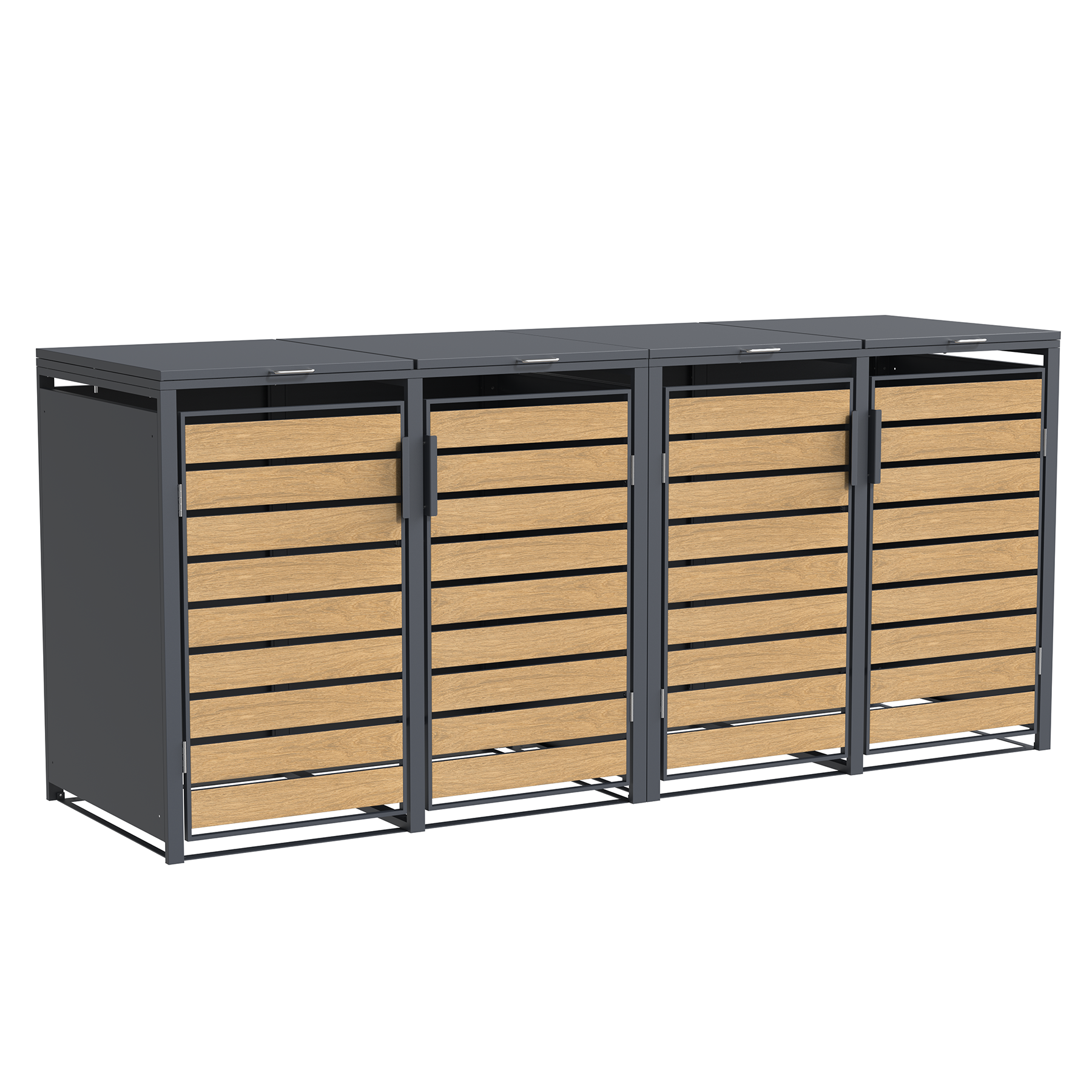 Die Abb. zeigt die Mülltonnenbox Valto in Holzoptik 2x 2er Module ohne Schloss mit Doppelpfosten (die Holzfarbe kann von der tatsächlichen Farbe abweichen).