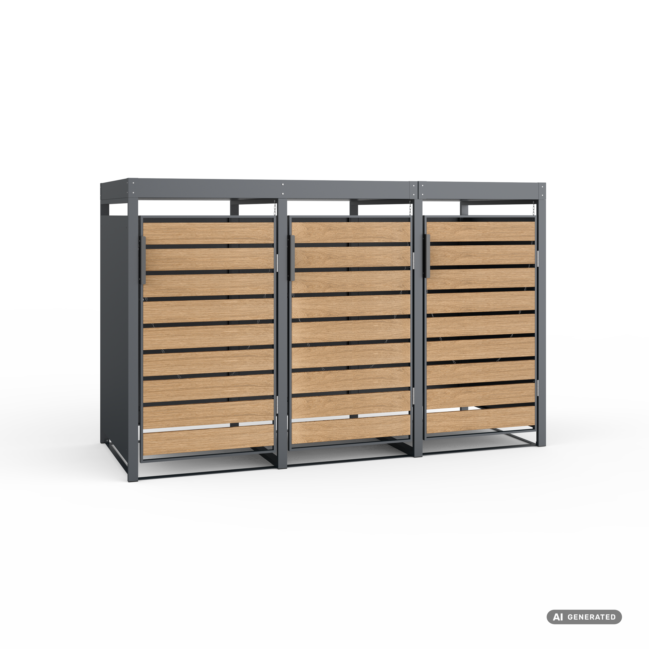 Die Abb. zeigt die 3er Valto Mülltonnenbox mit Türgriff und Pflanzdach (seitlich).