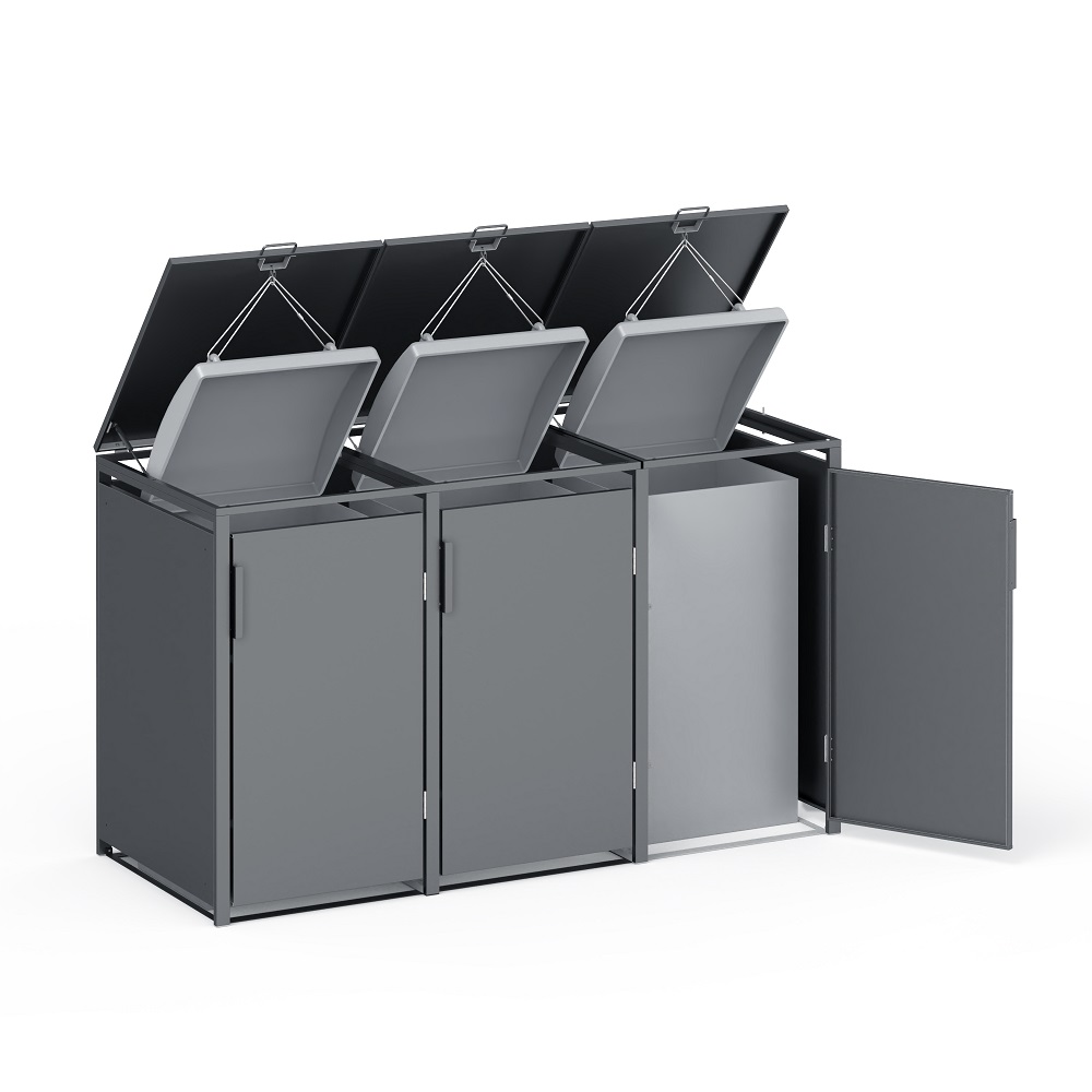 Die Abb. zeigt die 3er Valto Mülltonnenbox (geöffnet, Mülltonnen nicht im Lieferumfang).